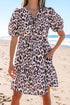Brown Leopard Tied Front Keyhole Puff Short Sleeve Mini Dress